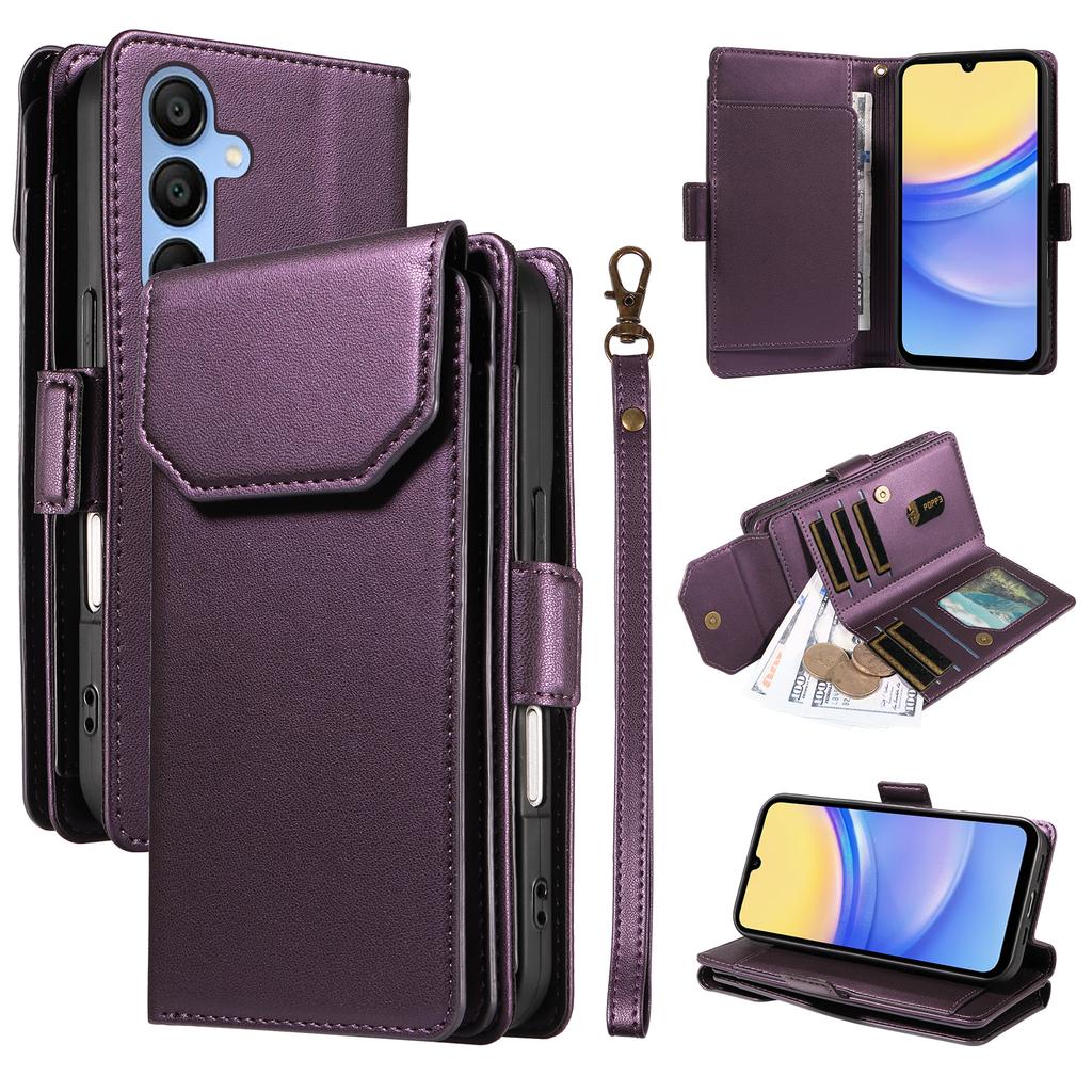 For Samsung Galaxy A15 5G/A15 4G Case with Multi-Card Holder and Strap PU Leather Phone Cover Stand