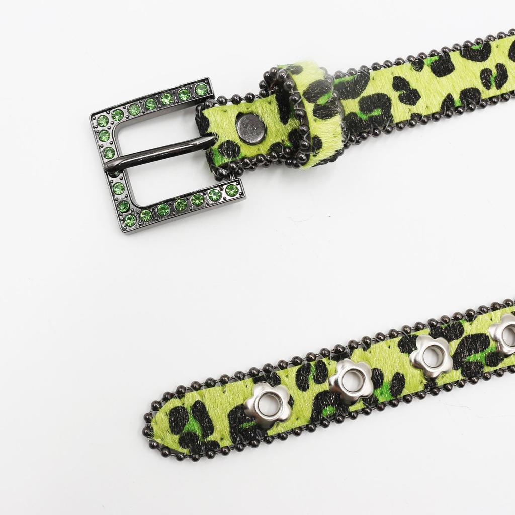 Luxury 2.3cm Leopard Print Leather Belt with Floral Eyelets & Rhinestones, No Punching Needed, Pin Buckle, Fully Diamond-Encrusted.