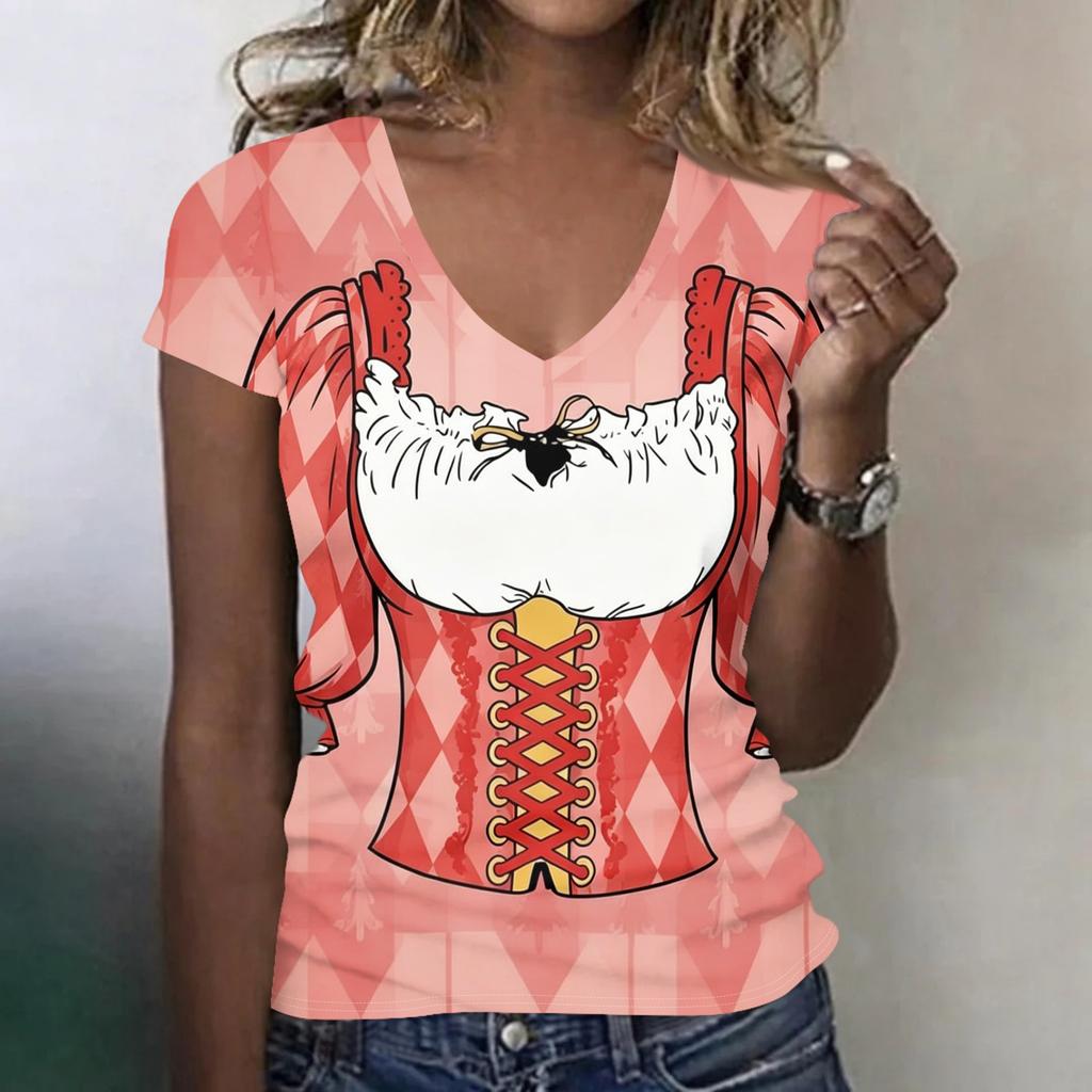 Camiseta Casual de Manga Corta con Cuello en V para Mujer con Estampado de Oktoberfest Top Tejido Ligero y Suave Ajuste Cómodo para el Uso Diario