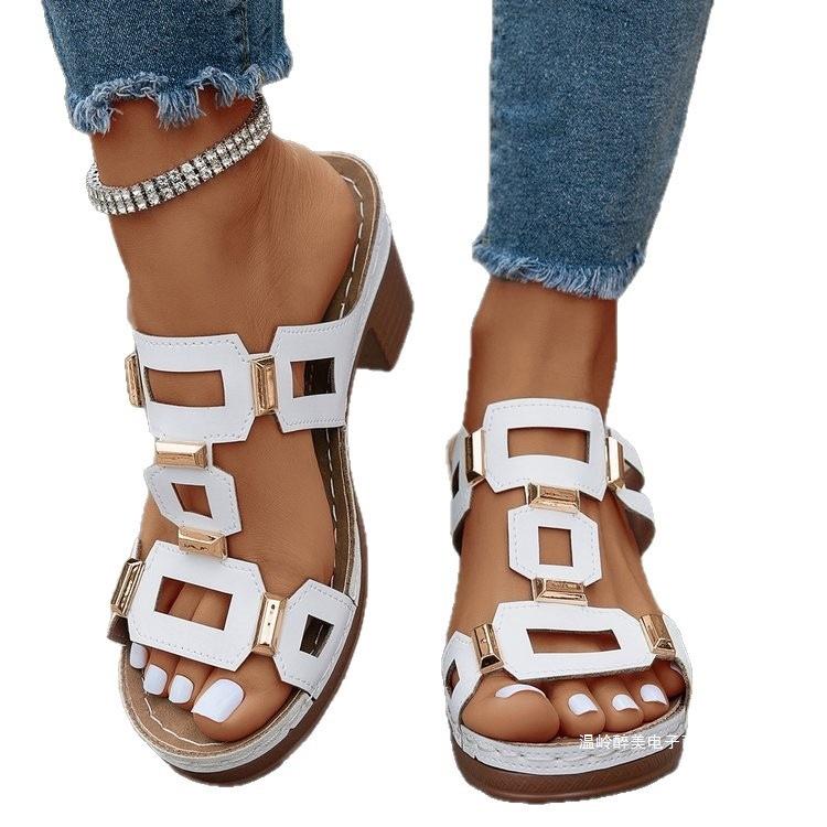 Sandalias con tacón de bloque para mujer, elegantes tacones sin cordones para salir y uso informal en verano