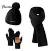Fashionable Vertical Stripe Knitwear Winter Hat Scarf Gloves Set, Knitted with Pompom, Touch Screen Gloves, Cold Weather Essential Set Warm
