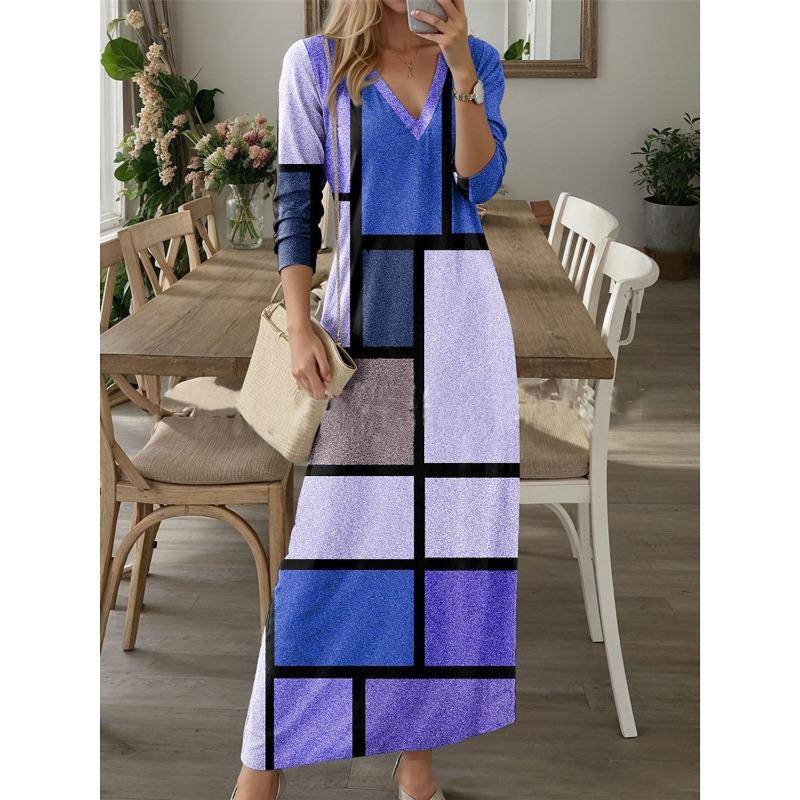 JPNTKY Moda Autunno Inverno Colore Solido Stampa Manica Lunga Scollo a V Abiti Casual