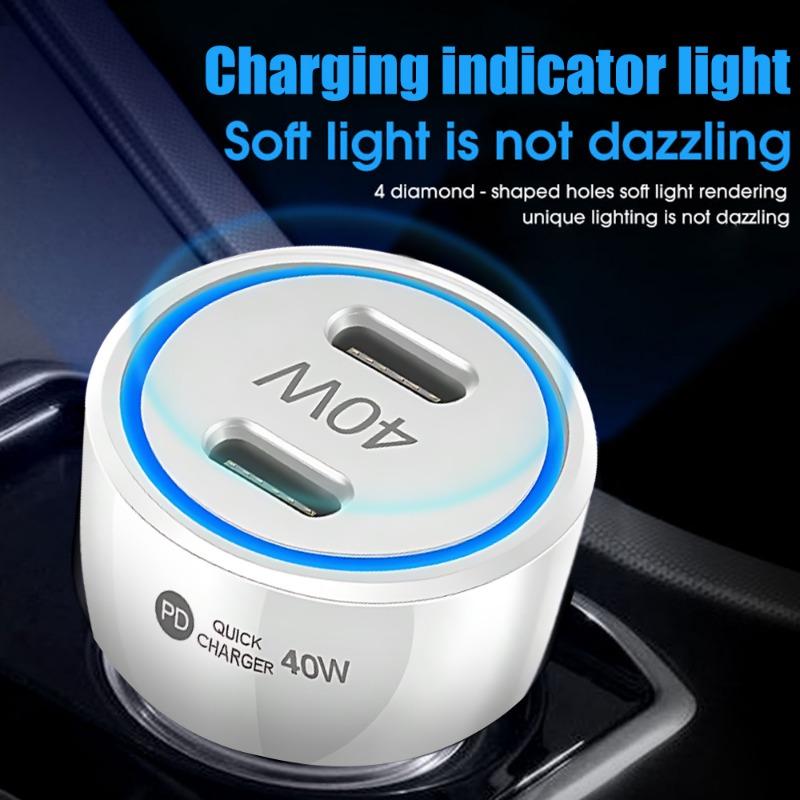 40W Dual PD Car Charger Universal DC12-24V Circular Dual Ports Fast Charging 5V/3A Car Cigarette Lighter Adapter Car Accessories