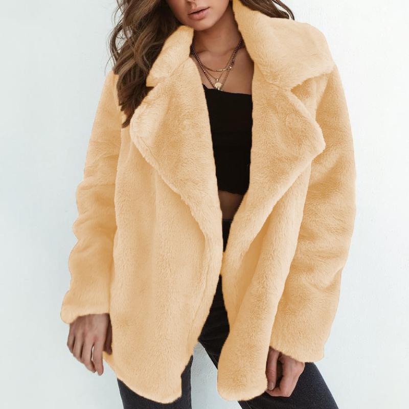 Sexy Plush Lapel Fitted Jacket Winter Women Faux Fur Cardigan Coats Double-Faced Fleece Casual Solid Color Outwear Female Plush Thick Jacket