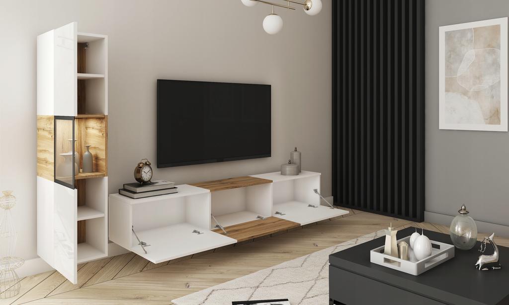 Moderne wandmeubel, 180 cm TV-meubel met een vitrinekast, woonkamermeubels met LED