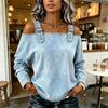 Women Shirt Adjustable Straps Off Shoulder Long Sleeve Pullover Tops Pure Color Denim Tops Travel Leisure Daily Wear