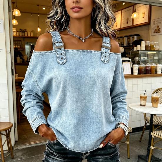 Women Shirt Adjustable Straps Off Shoulder Long Sleeve Pullover Tops Pure Color Denim Tops Travel Leisure Daily Wear