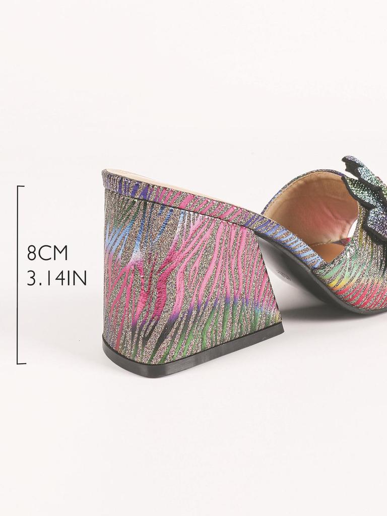 Rhinestone Flower Women's High-Heeled Mules - Square Open Toe, Chunky Heel, Shiny Party Shoes