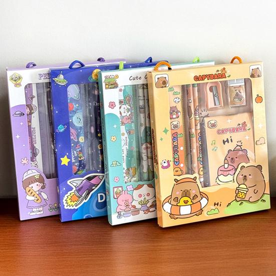 6Pcs Cute Stationery Set Portable Gift Box Kawaii Eraser Pencil Sharpener