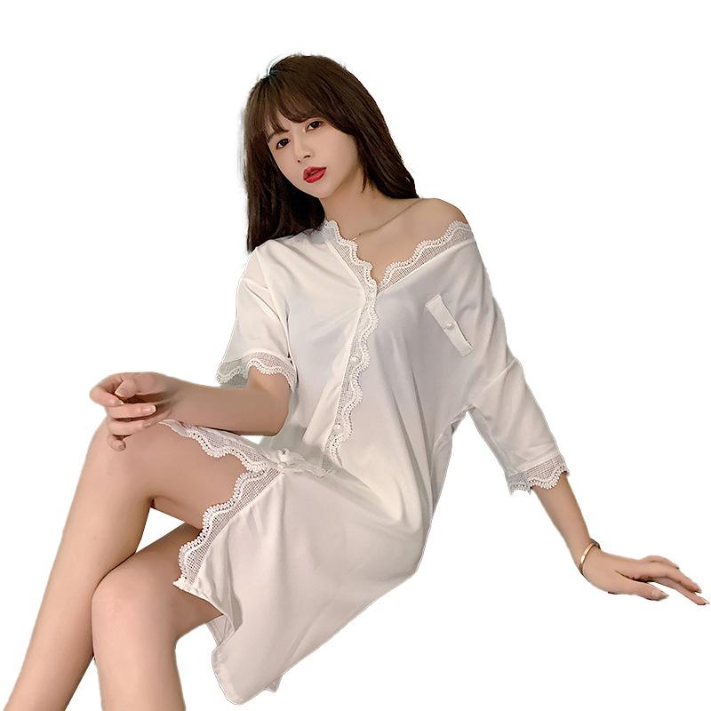 Sexy Lace Nightgown Women's Wavy Lace Short Sleeve Shirt Pajamas Casual Loose Homewear Nightwear