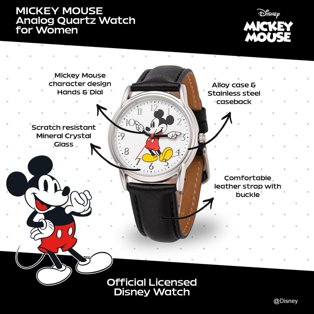 Disney Mickey Mouse Adult Classic Cardiff Articulating Hands Analog Quartz Watch with Leather Strap, Black, Mickey Cardiff Watch 2 - Silver CaseBlack