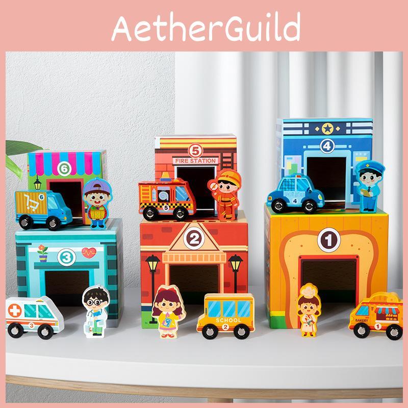 Supermarket Hospital School Wooden Stacked Building Blocks Box Set Children Toys