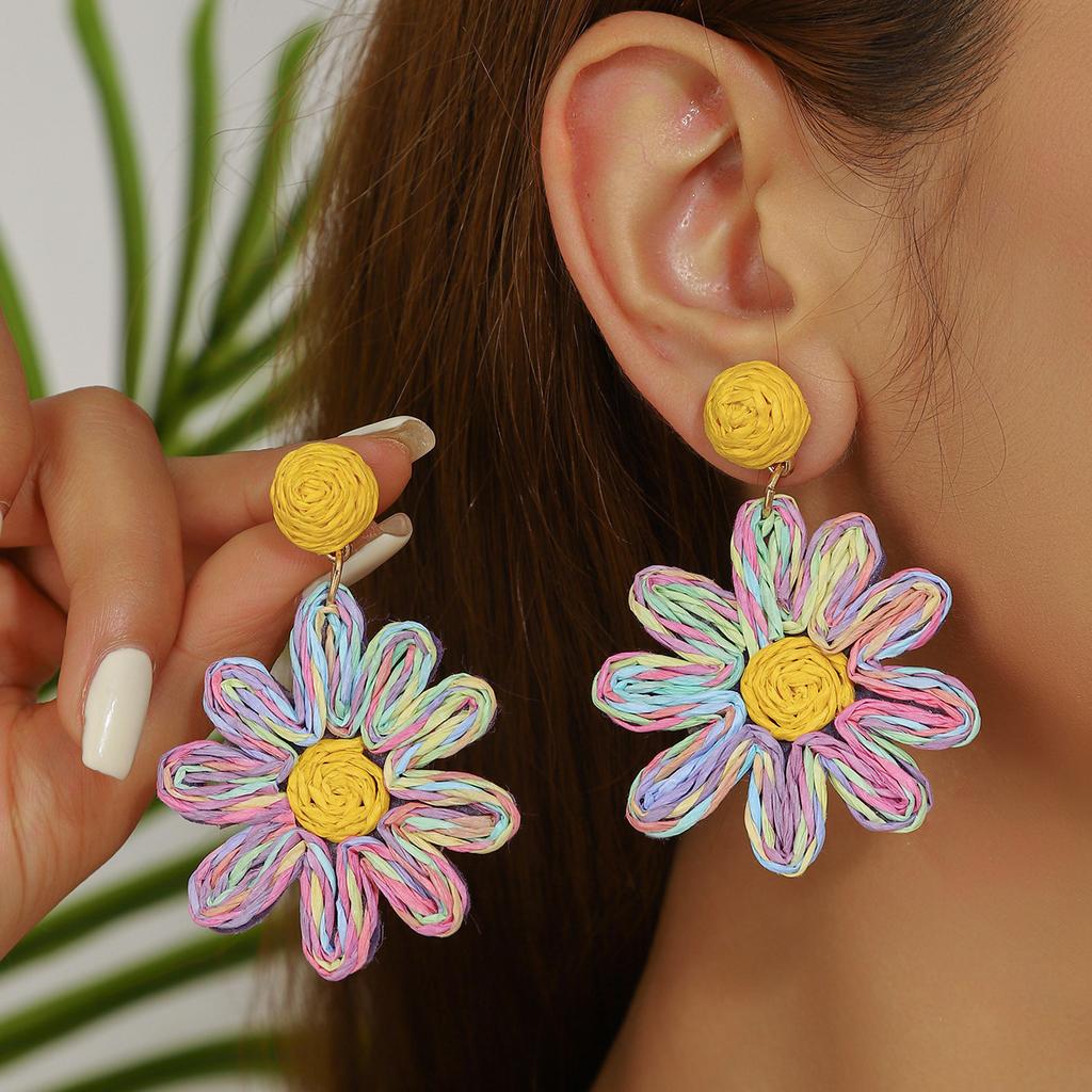 European and American new summer vacation style flower earrings bohemian style stud earrings hand-woven raffia earrings women