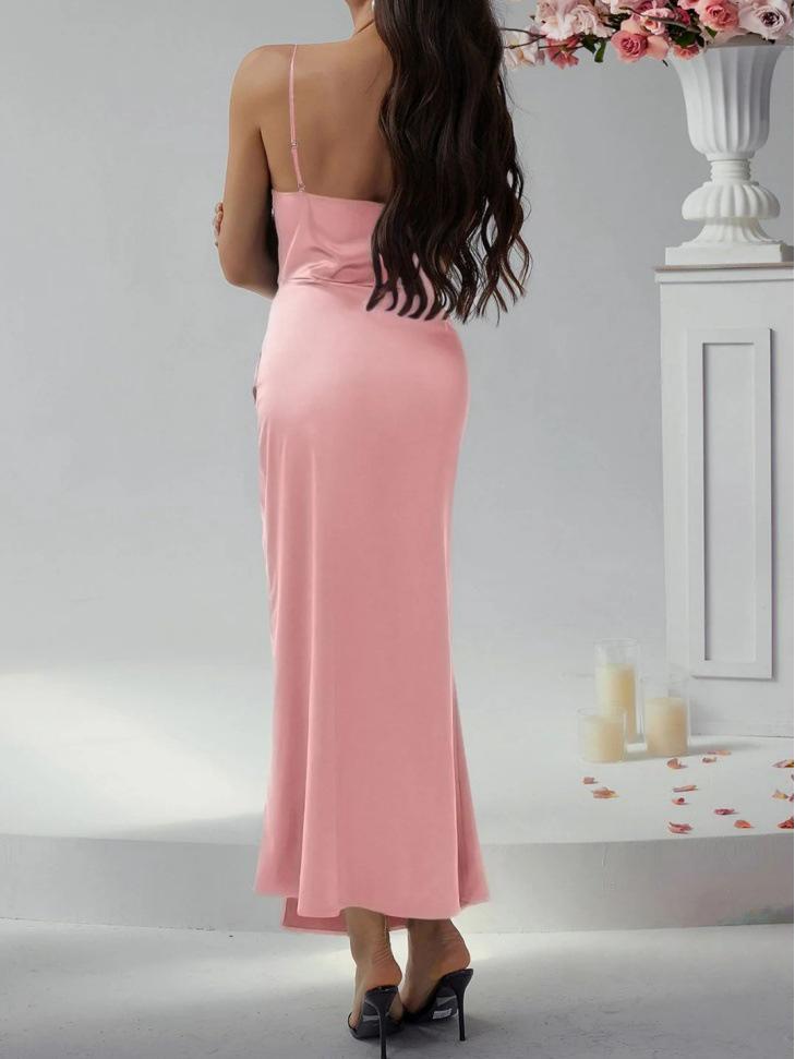 Elegant Satin Pleated Camisole Slit Evening Gown - Spring/Summer Style for Women