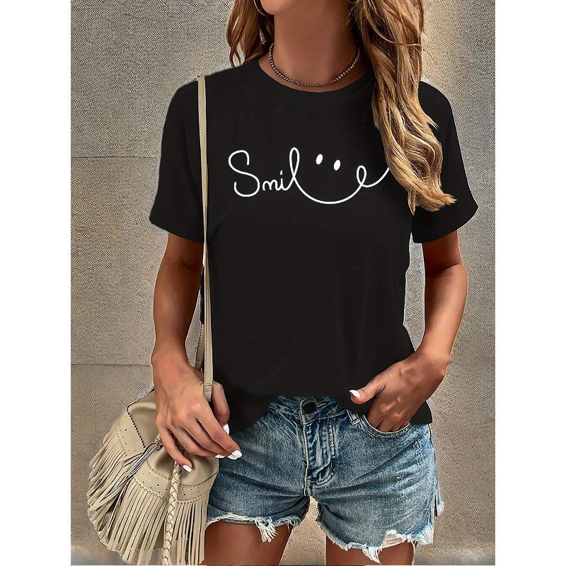Europäische Größe Lächeldruck T-Shirt, Kurzarm Rundhals Freizeit Oberteil für Sommer & Frühling, Damenbekleidung