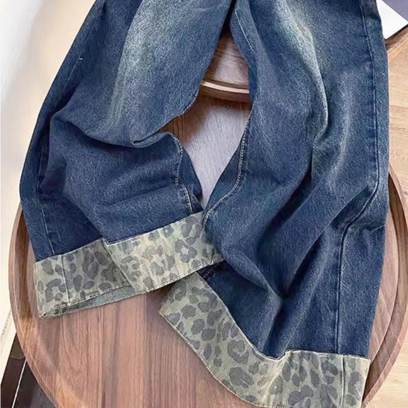 Design Sense Retro Stitching Leopard Print Rolled Jeans Women's Mop Pants Autumn and Winter New Loose Wide-leg Pants Ins