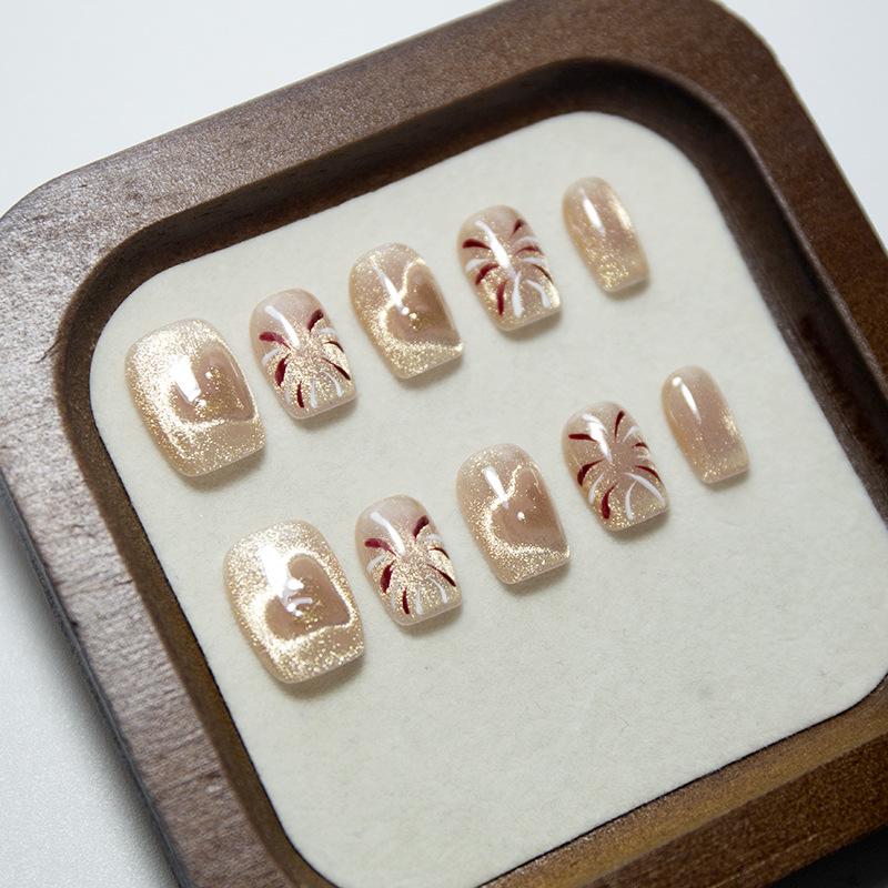 Autumn/Winter Champagne Bling Cat Eye Heart Fireworks Handmade Nails, Internet Celebrity Hot Item
