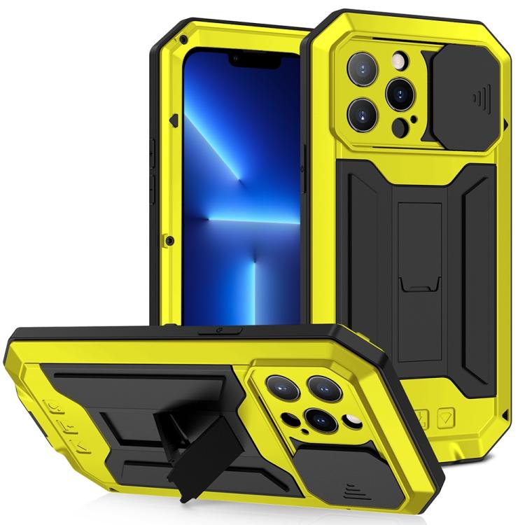 Dla iPhone 13 Pro R-JUST Przesuwana Osłona Aparatu Odporna na Wstrząsy Wodoodporna Żywotnie Pyłoszczelna Metal + Silikon Pokrowiec Ochronny z Uchwytem