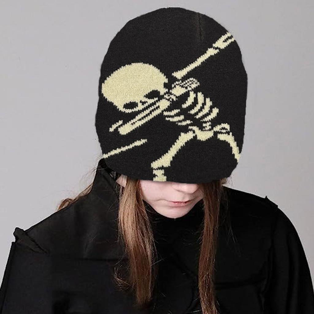 Knit Slouchy Beanie Hat for Women Skull Pattern Hat Handcrochet Jacquard Hat Girl Soft Hat Female Male Unisex Headwear