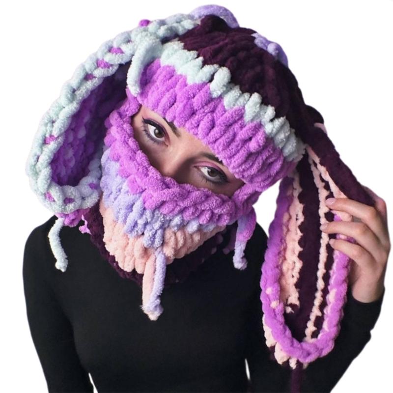 Knit Rabbit/Bear Ear Balaclava Hat for Students Adult Windproof Winter Hat Neck Protect Hat Teens Keep Warm Cycling Hat