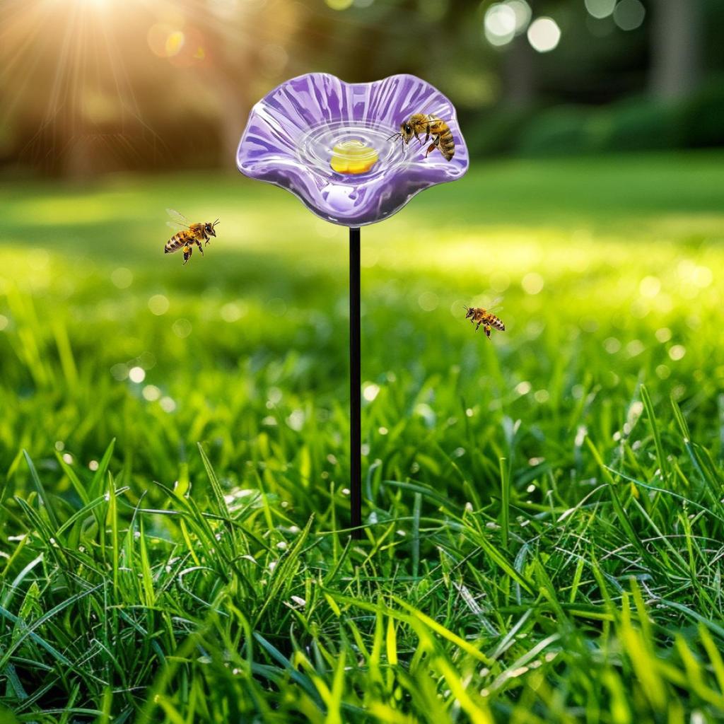 Resin Flower Shaped Bee Watering Station, Garden Butterfly Drinking Feeder with Ground Stake, Outdoor Yard Decorative Water Tray