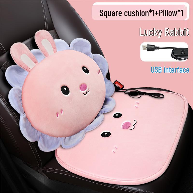 Cartoon Doll Style Heated Car Seat Cushion Set - Three Pieces for Winter Comfort