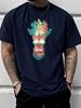 Unisex Summer Bright Blue Short Sleeve T Shirt Hawaiian Tiki Mask Palm Leaf Print Casual Streetwear Loose Male Daily Fashion Tops