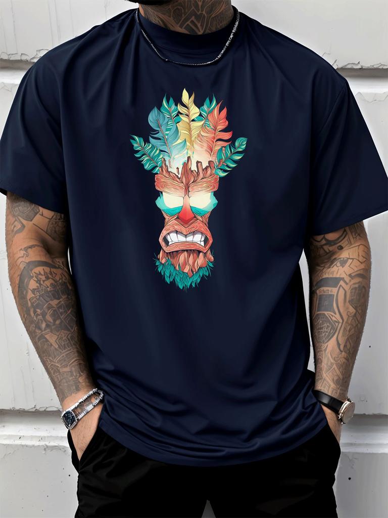 Unisex Summer Bright Blue Short Sleeve T Shirt Hawaiian Tiki Mask Palm Leaf Print Casual Streetwear Loose Male Daily Fashion Tops