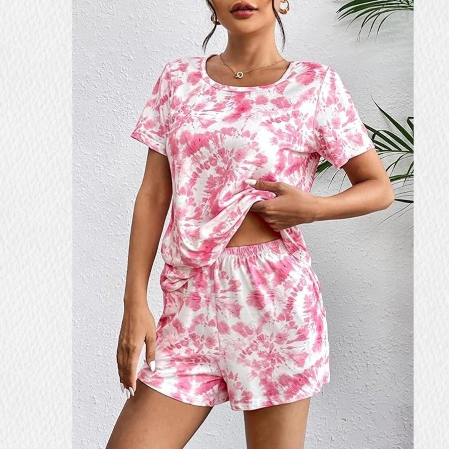 Womens Sleepwear Set With Short Sleeve Top And Shorts For Home And Lounge