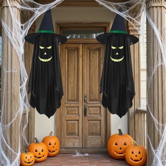 Halloween Hängende Geister Außen Dekoration, Leuchtet im Dunkeln Geist Hexenhut Ornament für Veranda, Terrasse, Rasen, Garten, Bäume, Spukhaus Dekor