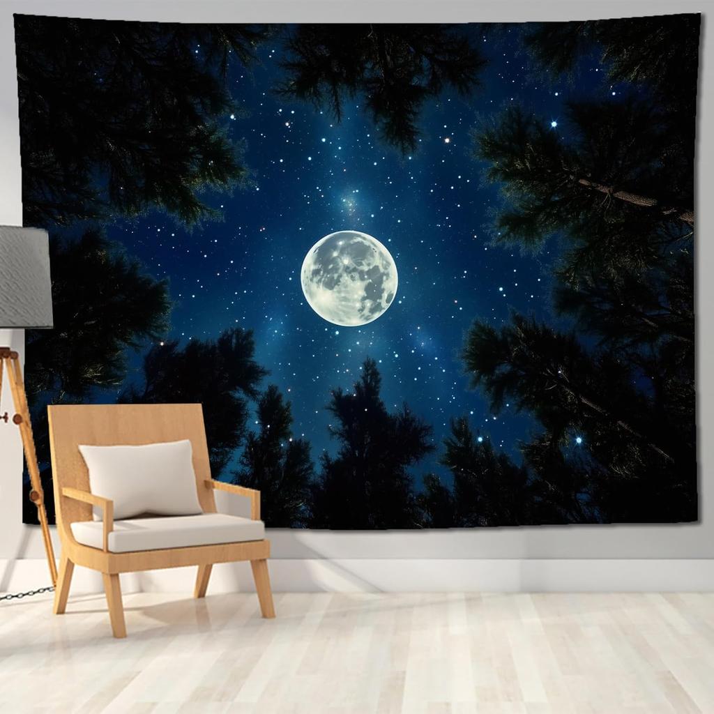 Forest Galaxy Tapestry For Bedroom Ceiling Starry Night Sky With Moon And Trees,Blue Aesthetic Wall Hanging,Milky Way Landscape