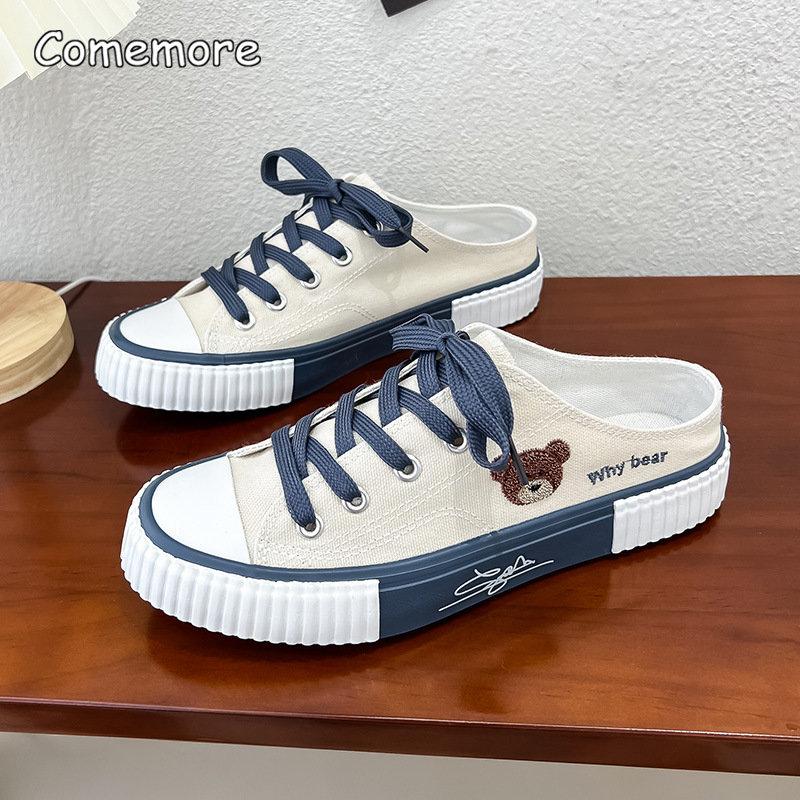 Fashion Comemore Spring Women Cute Bear Canvas Shoes Flat Casual All-match Half Slippers Korean Version Lace Up Ladies Vulcanized Shoe