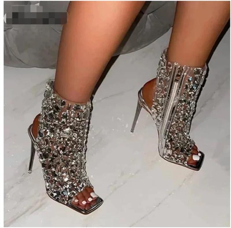 Fashion Brand Design 2025 New Crystal/rivet Zipper Sandals Stage Banquet Nightclub High Heels Women Shoes Apricot Silver Dress Matching