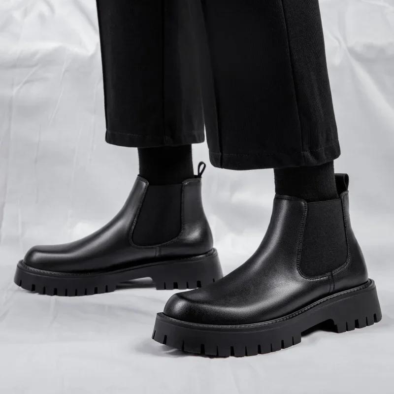 Mode Neue Herren High Top Stiefel Italienische Büro Chelsea Boots Luxusmarke Britischer Stil Lässiger Leder-Knöchelstiefel für Herren Plateau-Stiefel