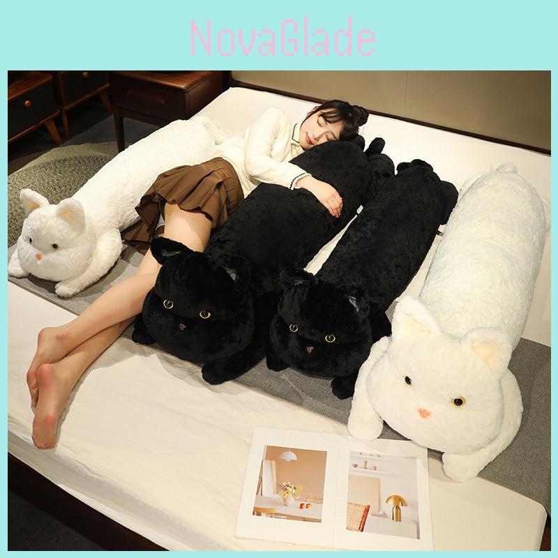 Adorable Black Cat Plush Pillow Long Soft Cuddle Toy For Sleeping And Playing