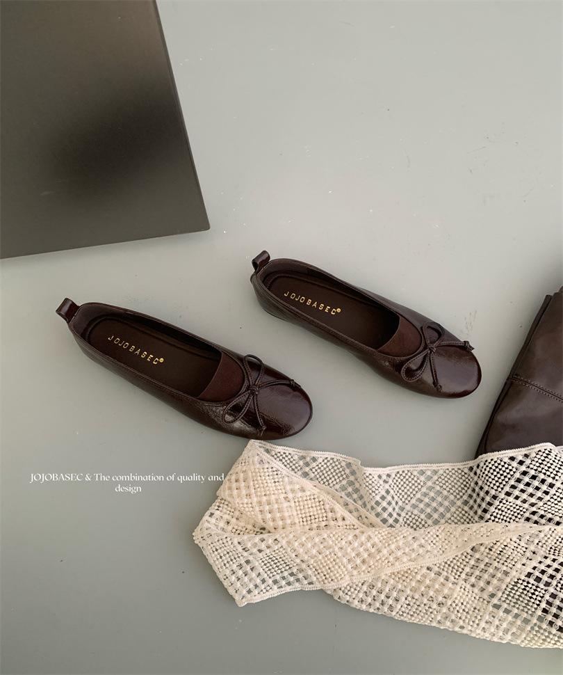 

Поздний вечерний бриз мягкая кожа бабушкины туфли 2025 новые французский бант элегантные с мелким вырезом плоские туфли-бини женские туфли 39 темно-коричневого