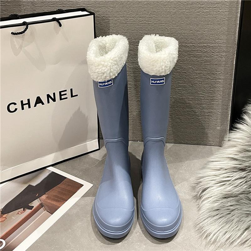 Fashion new high tube rain shoes female adult velvet warm non-slip water shoes high top boots cold rain shoes