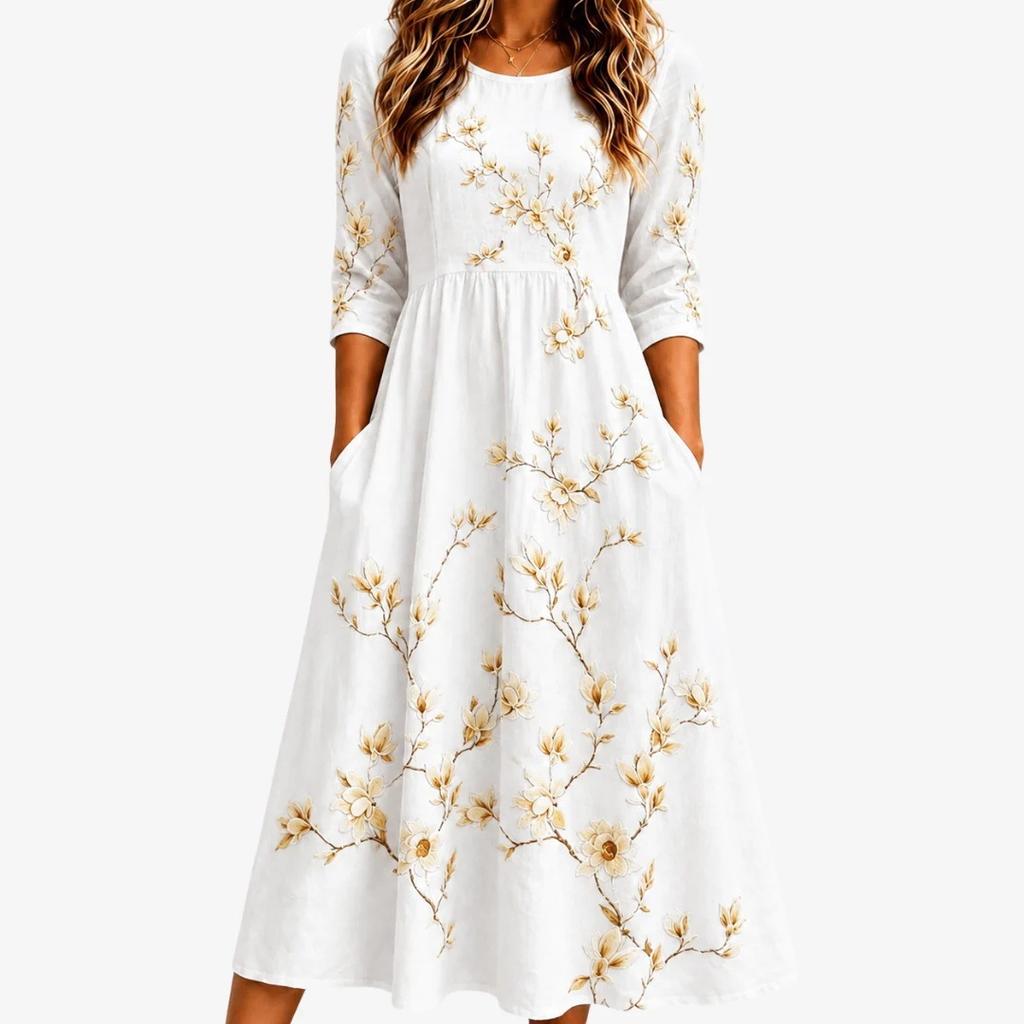 Spring and Summer 2026 New Round Neck 7-point Sleeve Casual Loose Long Printed Dress - Bamboo Hemp