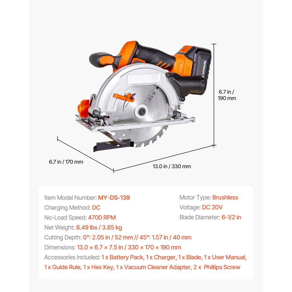 SucceBuy Cordless Circular Saw 4700 RPM 6-1/2 inch Blade 0-45 Degree Bevel Brushless Motor with LED Light Battery and Charger