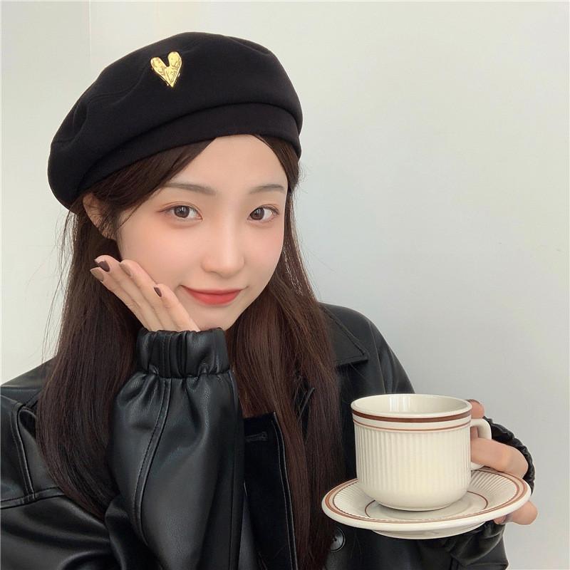 Cotton Soft Winter Beret Women Heart Metal Detail Cozy Sweet And