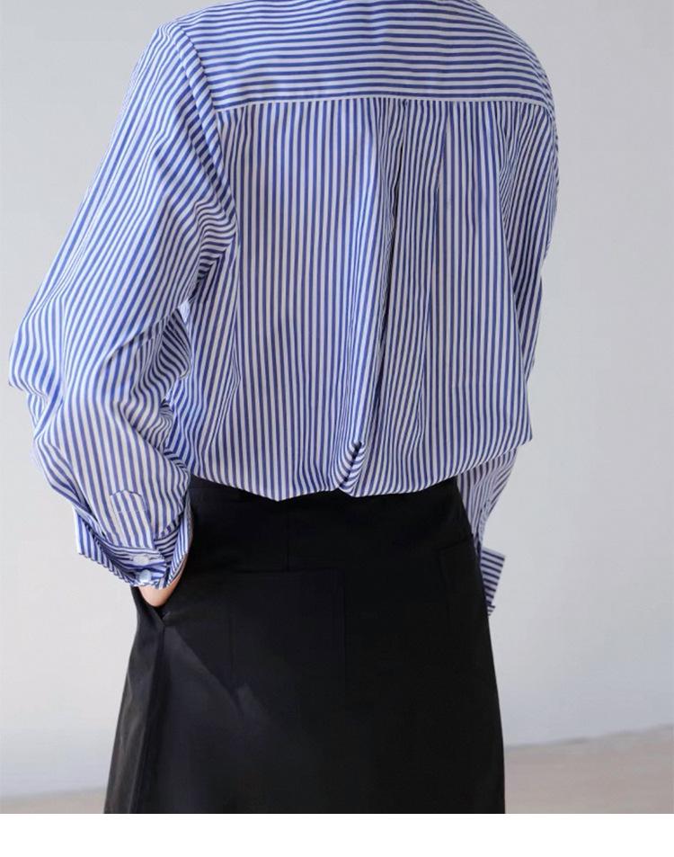 Women's Slimming Long Sleeve Cotton Shirt, Blue Striped, 100% High-Density Cotton.