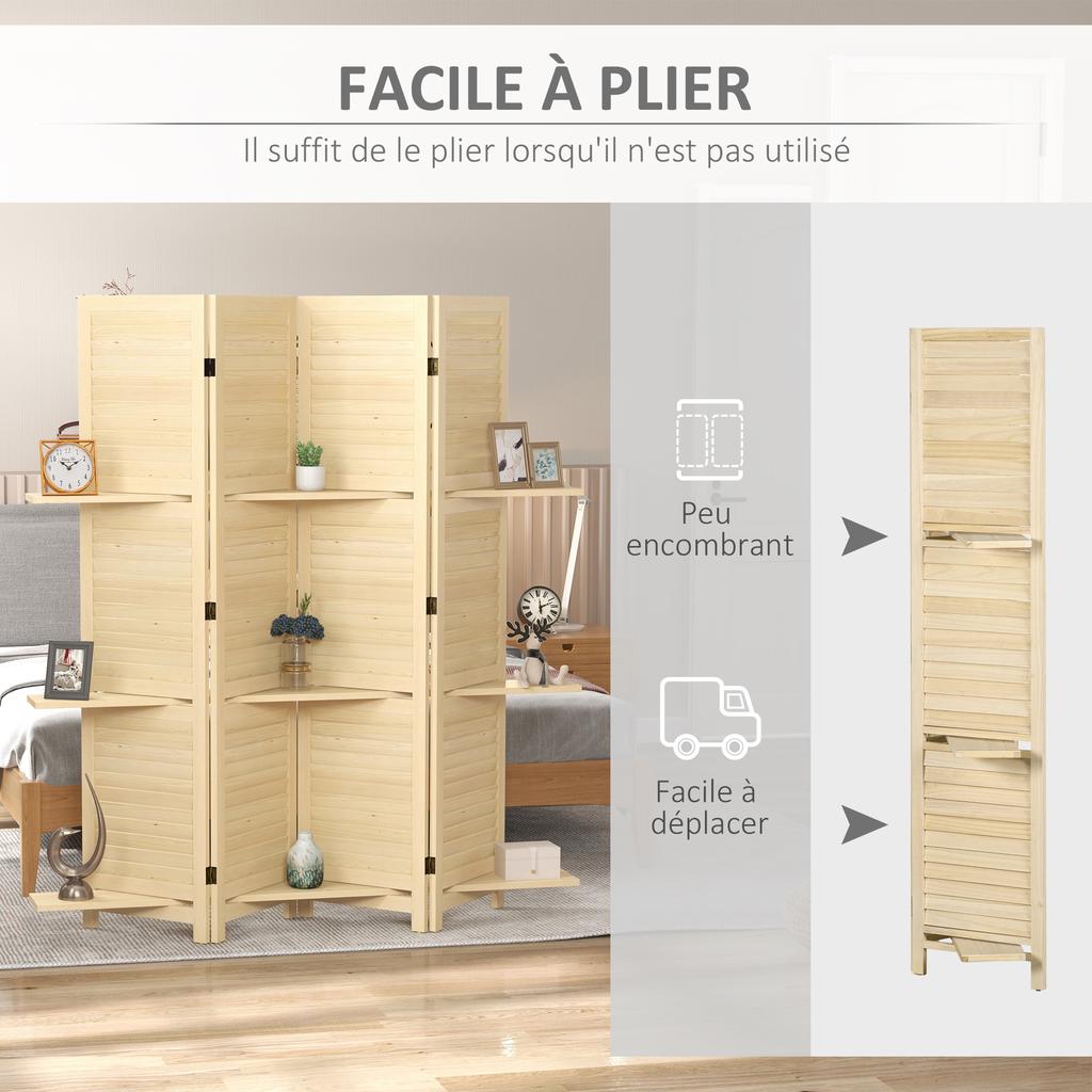 Indoor Room Divider 4 Panels 160L x 170H cm 3 Shelves Foldable Room Separator Louvred Doors Natural