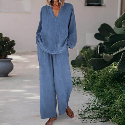 Women's Loose 2-Piece Outfit Long Sleeve V Neck Top Wide Leg Pants with Pockets Casual Loungewear Tracksuit