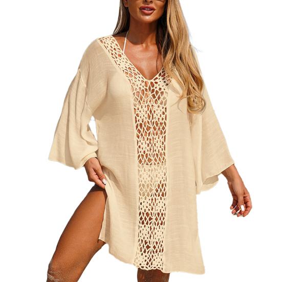 Cover Up Dress V-neck Long Sleeve Hollow Splicing Design Beach Cover Up Dress Pure Color Poolside Beachwear