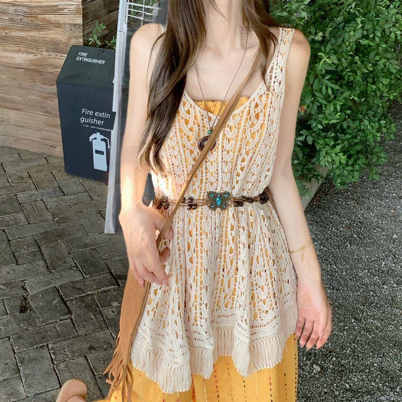

Kumikumi Holiday Style Set Tassel Sling Dress Women Summer Temperament Overlapping Hollow out Vest Two-piece Set Cardigan One size