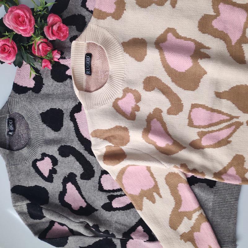 RUGOD Vintage Fashion Leopard Women Sweaters Knitted Warm Winter Clothes Casual O-Neck Pullover Pull