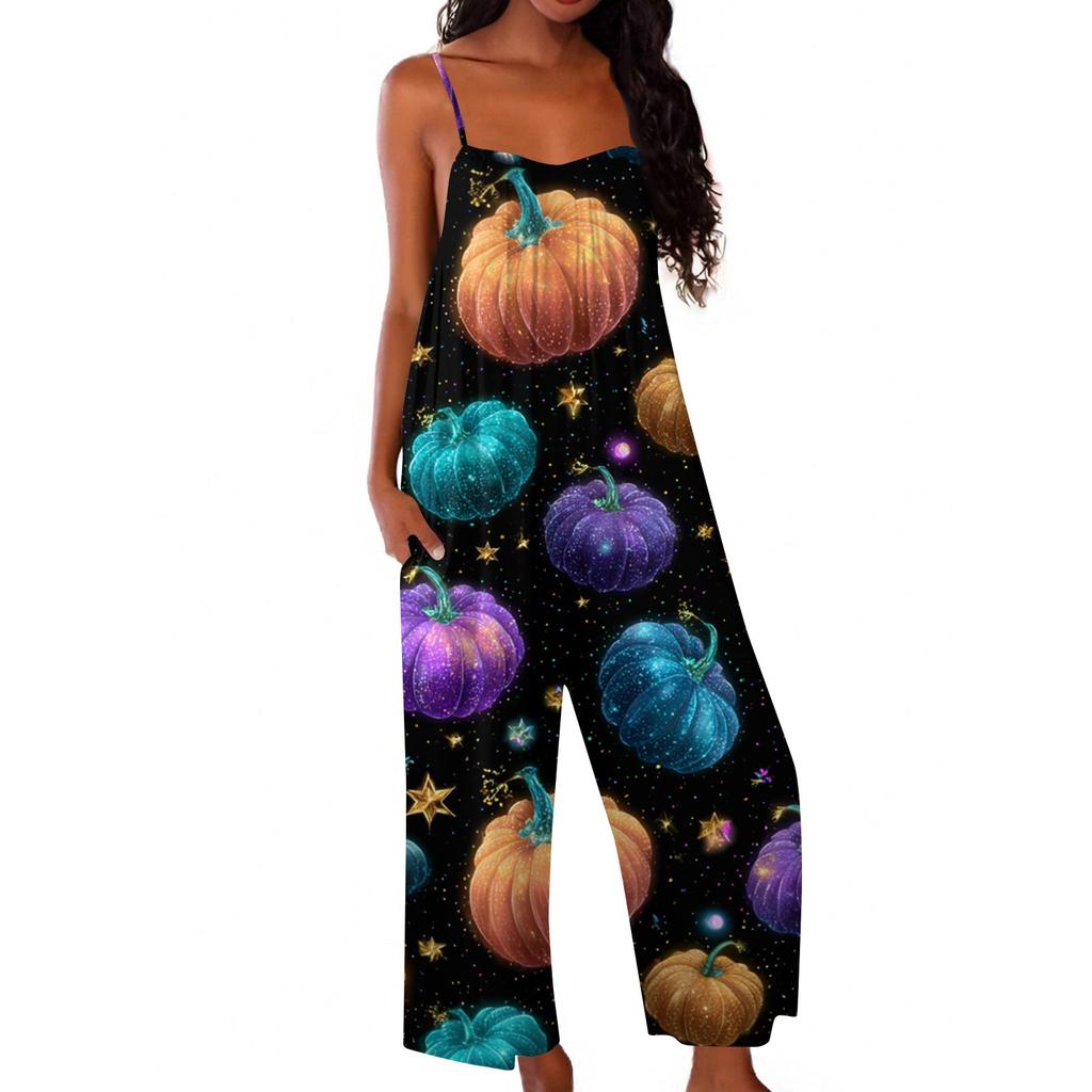 Women's Halloween Print Jumpsuit Casual Loose Fit Sleeveless Spaghetti Strap Wide Leg One Piece Romper for Seasonal Wear
