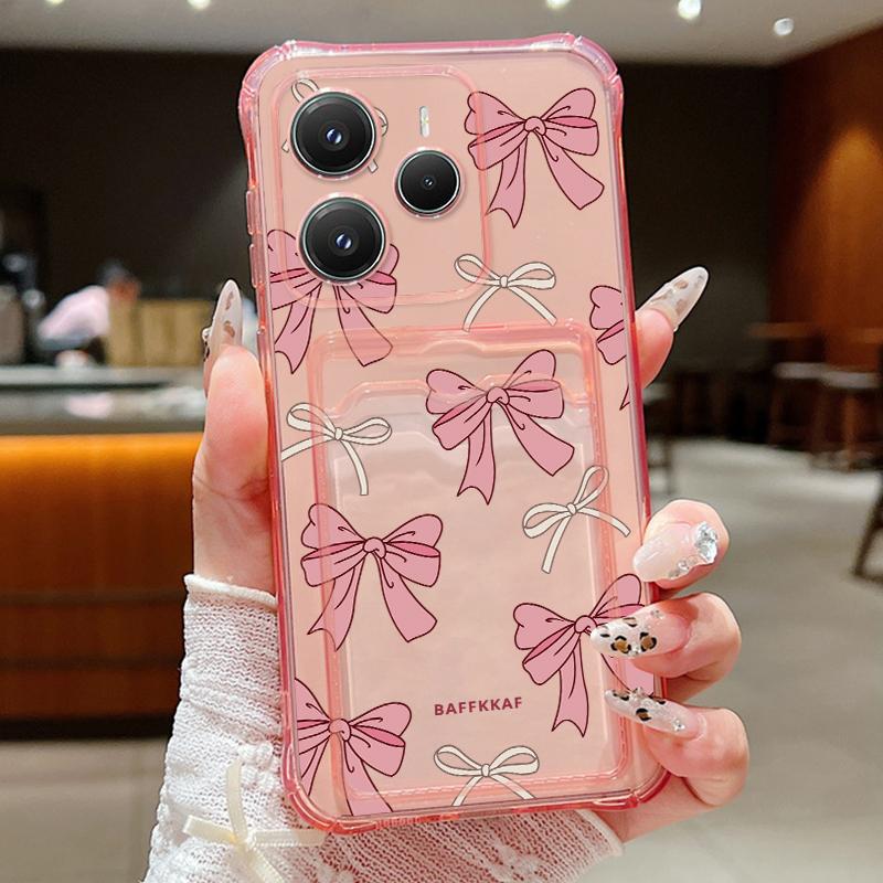Slot Pocket TPU Case For Redmi Note 13 14 12 11 Pro 5G 4G 11s Poco X6 X5 F6 Pro 13T 14T Pro Case Shockproof Bow Tie Pattern Soft TPU Clear Phone Cover