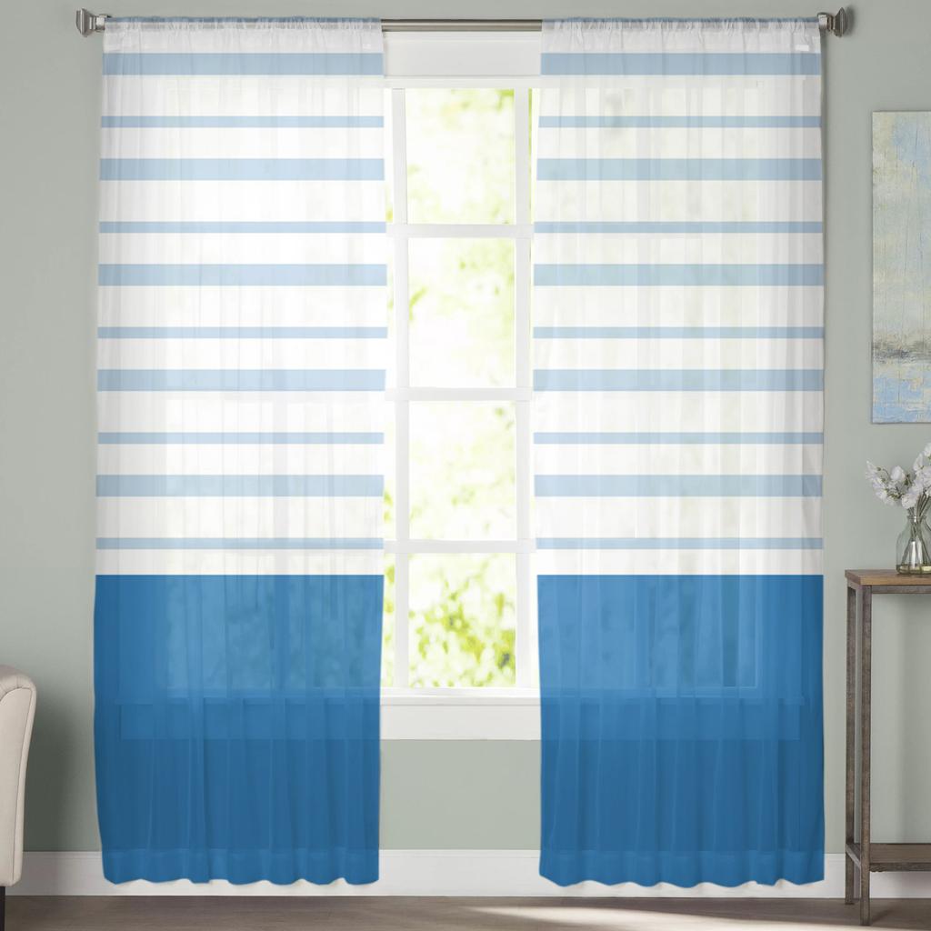 Niebieskie Geometryczne Linie Tiulowe Zasłony Do Dekoracji Salonu Nowoczesne Szyfonowe Przezroczyste Woalowe Zasłony Kuchenne