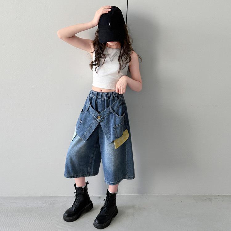 Girls Trendy Summer Denim Wide-Leg Shorts - Mid-Length Five-Point Style 170 cm синий